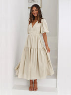 Lila Cream Puff Sleeve Midi Dress