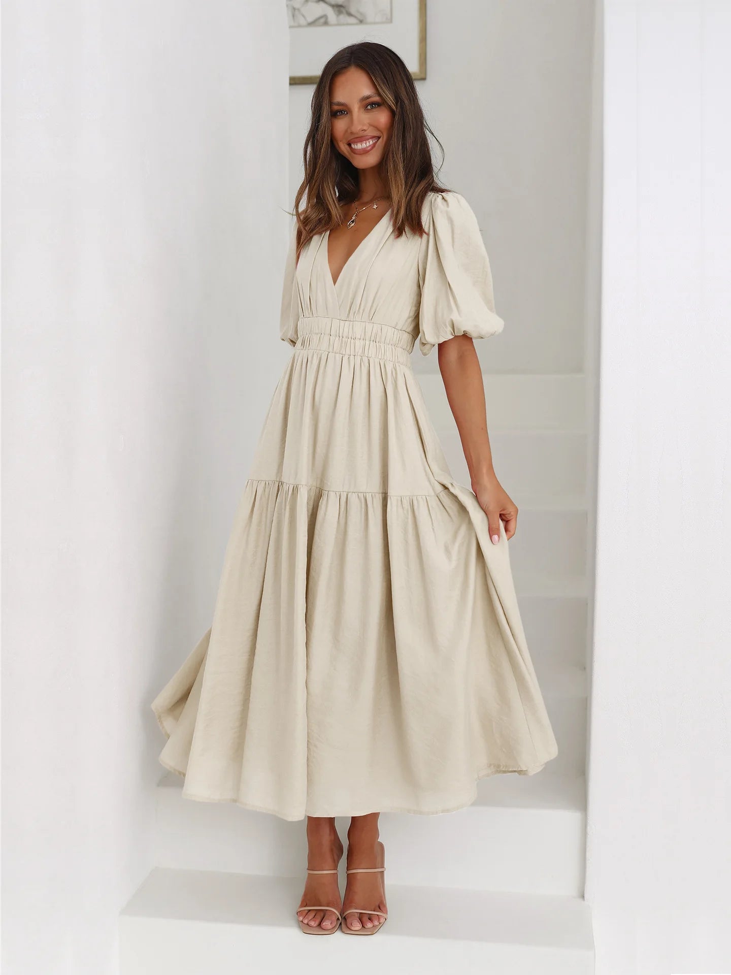 Lila Cream Puff Sleeve Midi Dress