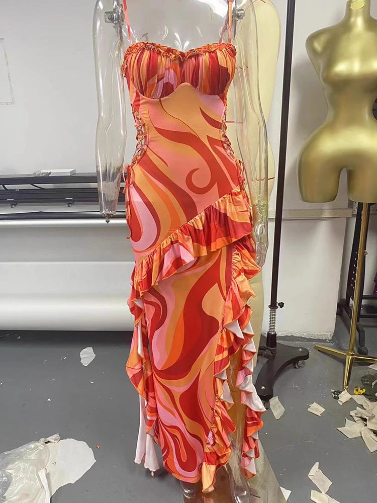 Sofia Sexy Ruffle Print Maxi Dress