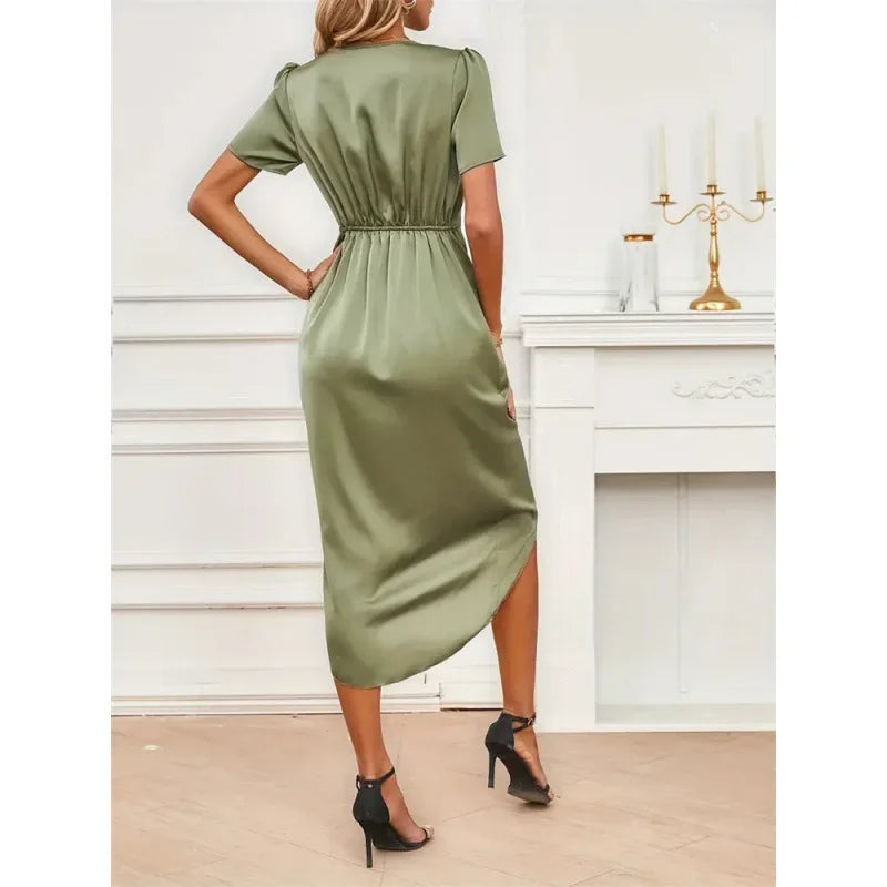 Isla Satin Cross-Neck Wrap Dress