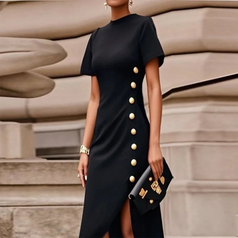 Celeste Gold Button Asymmetric Maxi Dress