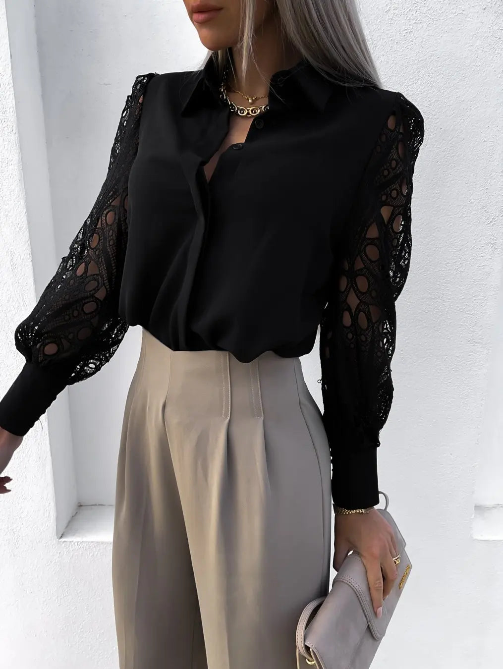 Ava Lace Sleeve Button-Up Blouse