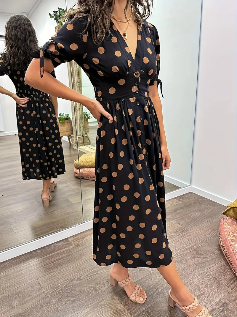 Harper Polka Dot Button-Front Midi Dress