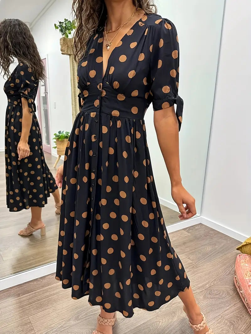 Harper Polka Dot Button-Front Midi Dress