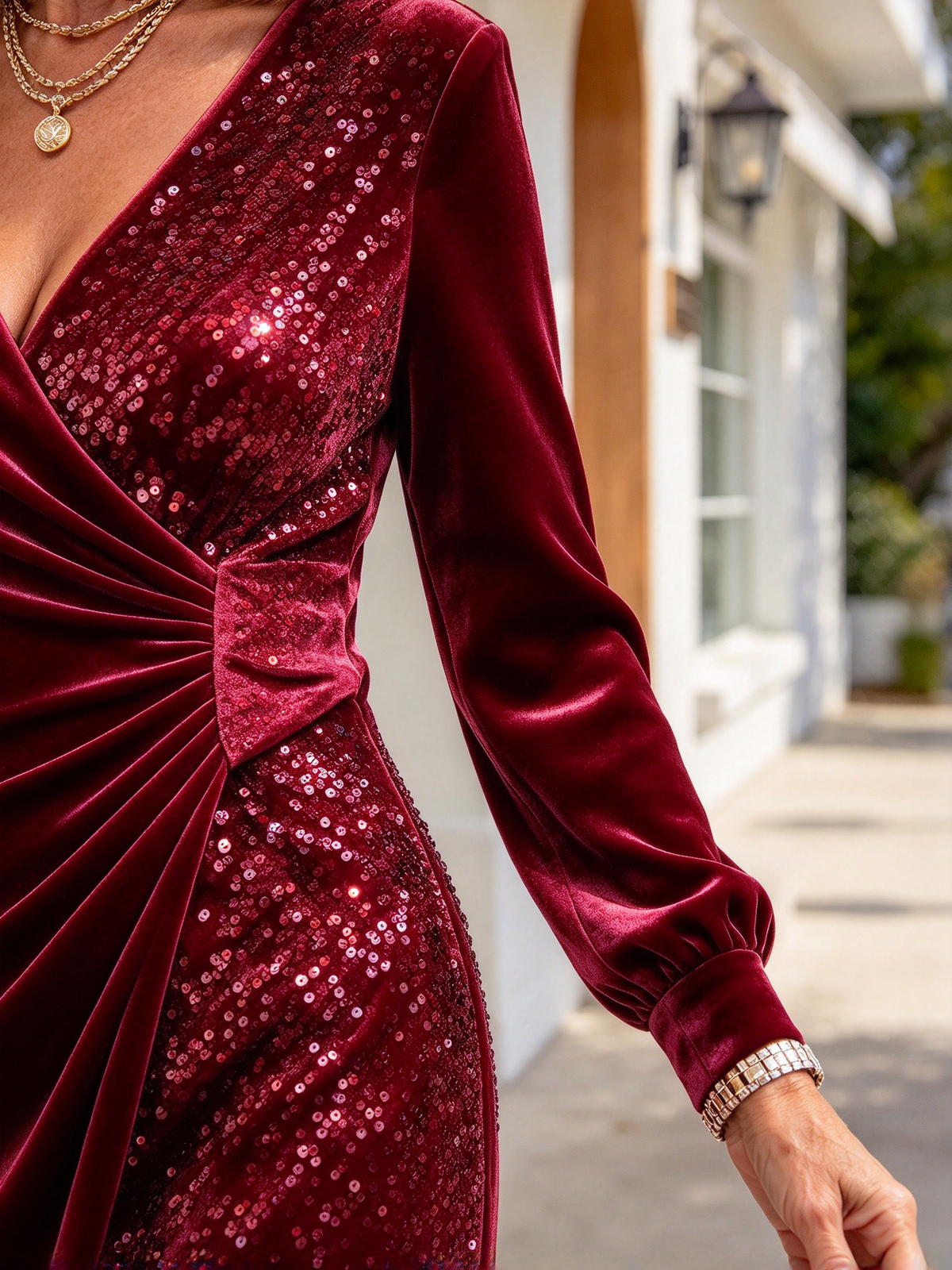 Celeste velvet and sequin wrap dress — Burgundy view 3