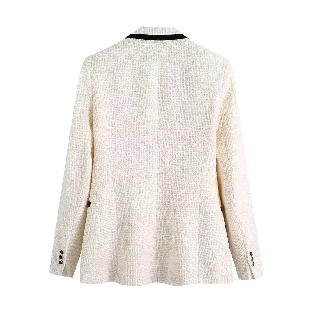 Celine white textured blazer rear view with black collar trim