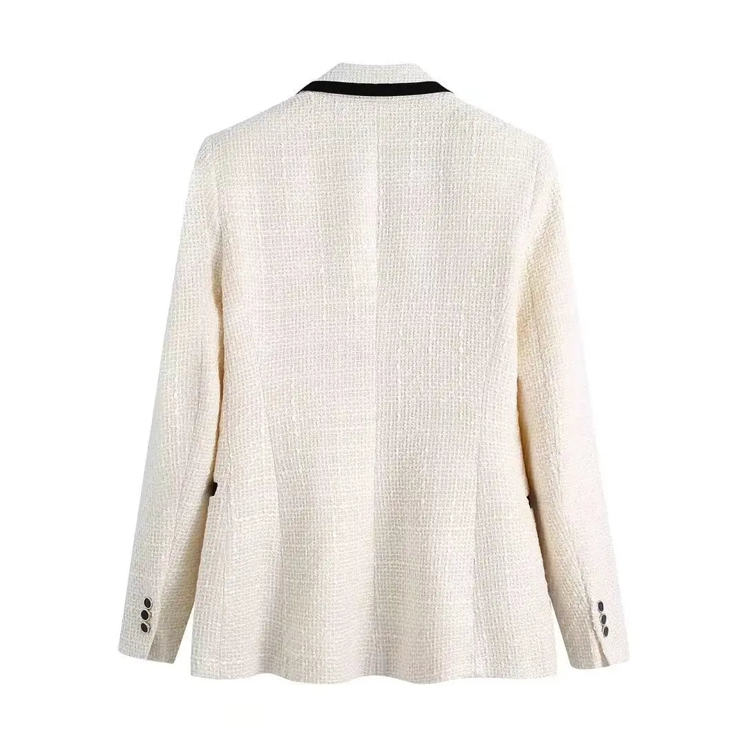 Celine white textured blazer rear view with black collar trim
