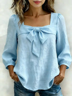 Estelle Bow-Neck Blouse — Light Blue