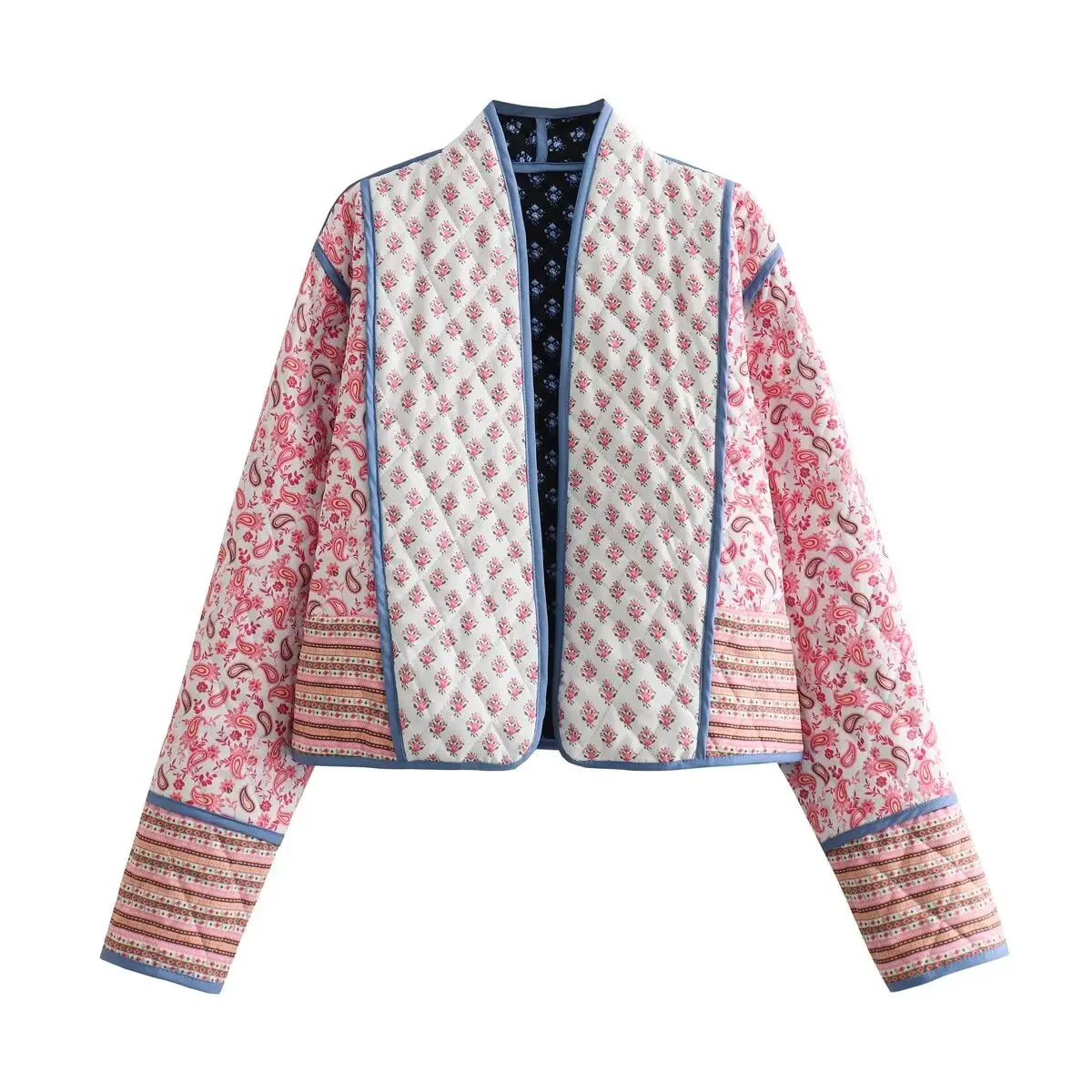 Juliette floral quilted open-front jacket with blue contrast binding