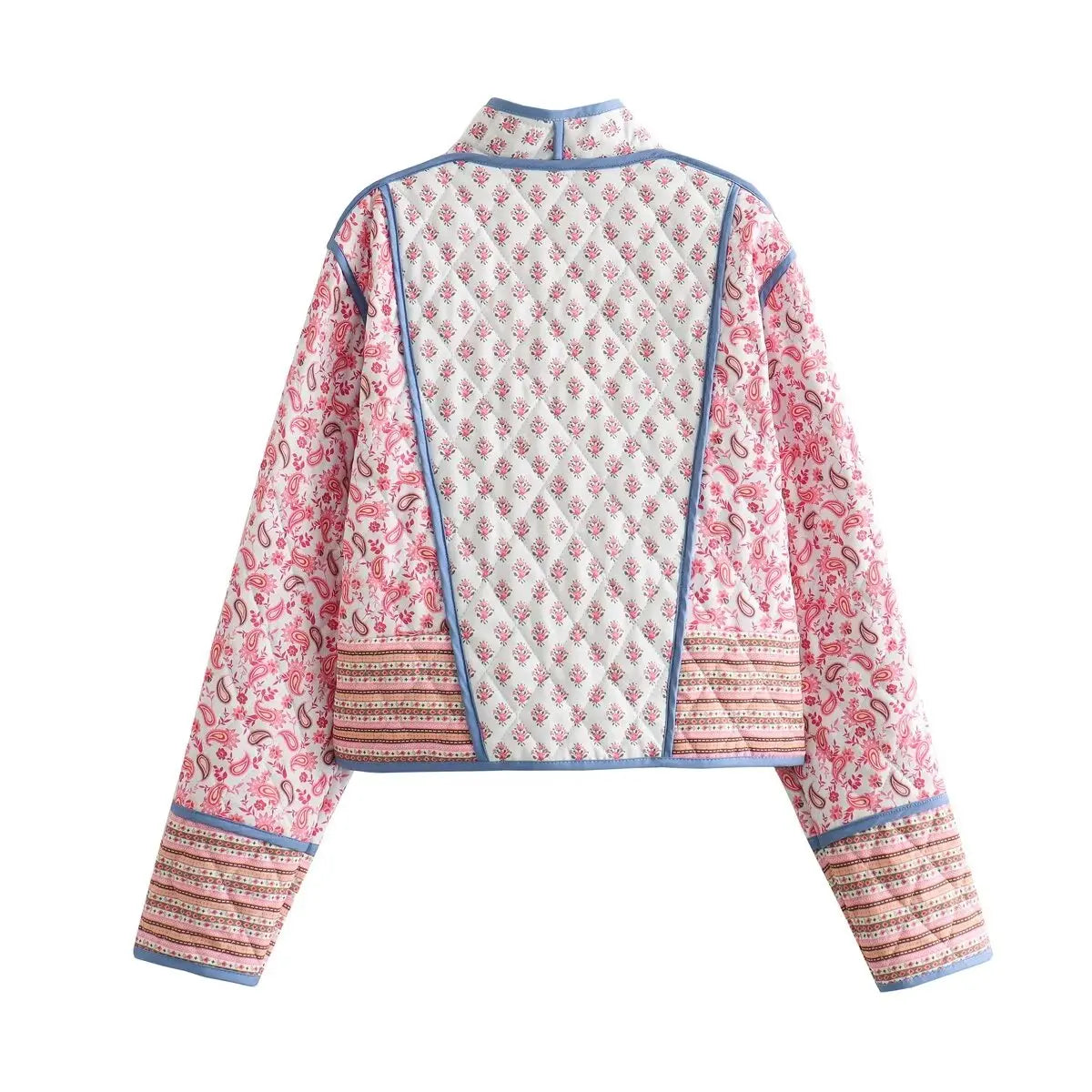 Juliette pink floral quilted jacket rear view with blue contrast binding