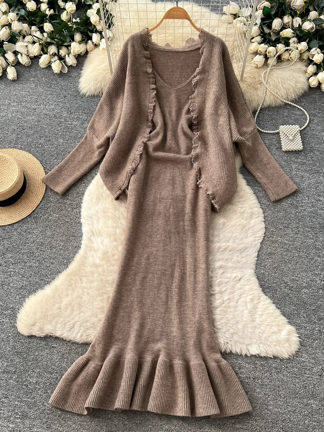 Maren brown knit dress and matching open-front cardigan