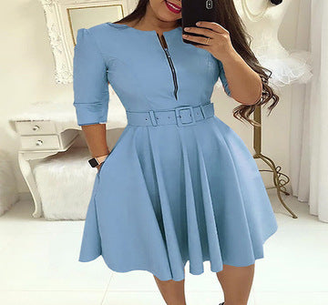 Lucie Belted Zip-Neck Dress — Sky Blue