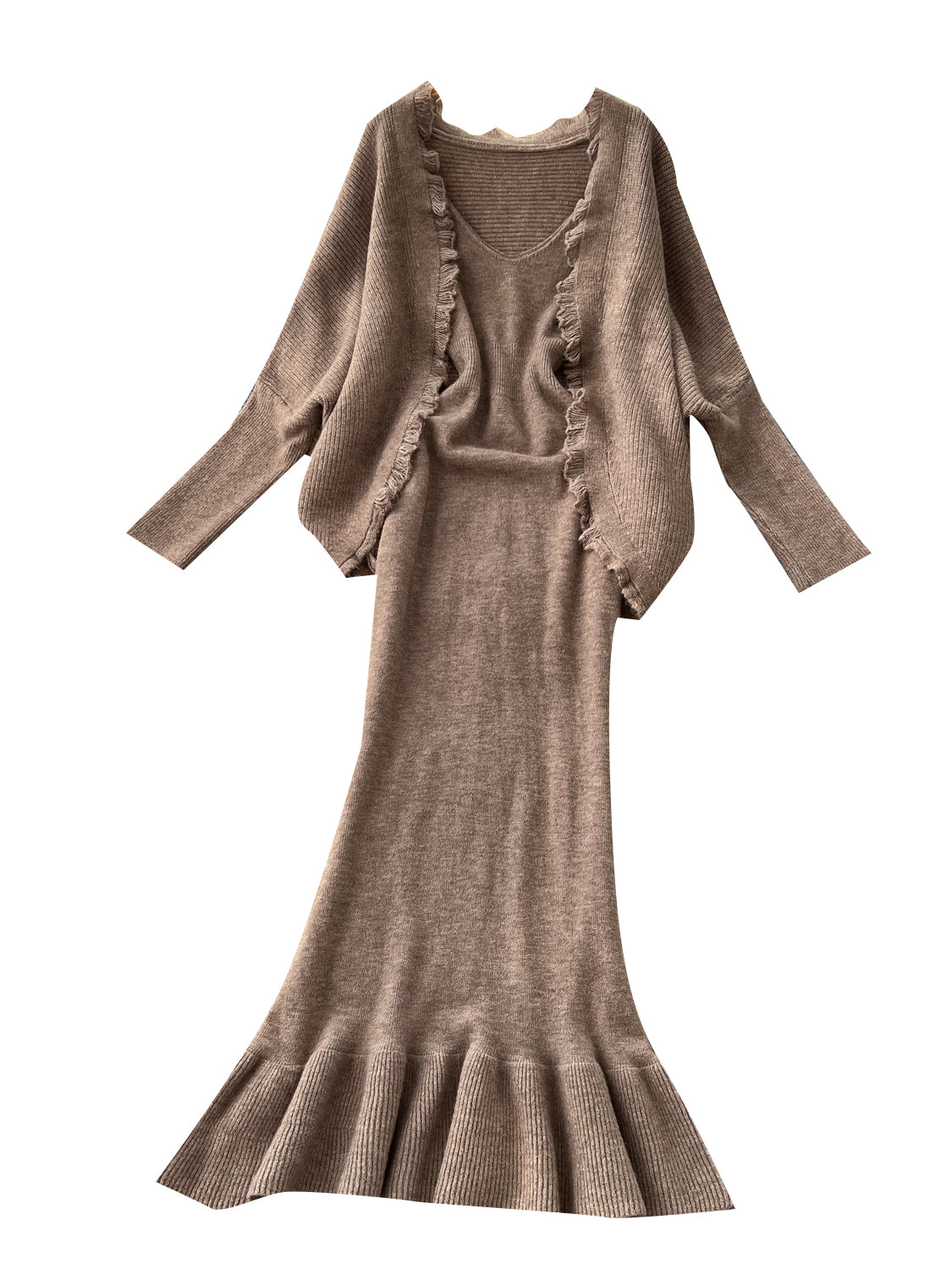 Maren Knit Dress & Cardigan Set — Brown isolated