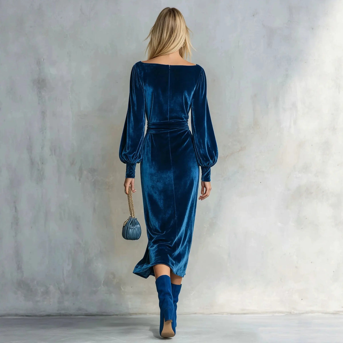 Colette royal blue velvet dress, back view