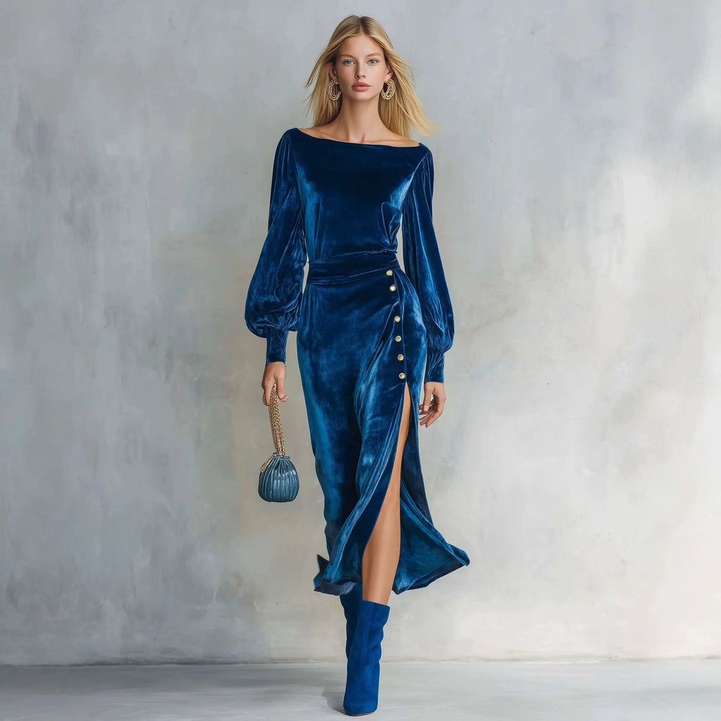 Colette royal blue velvet wrap-effect dress, front view