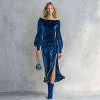 Colette royal blue velvet wrap-effect dress, front view