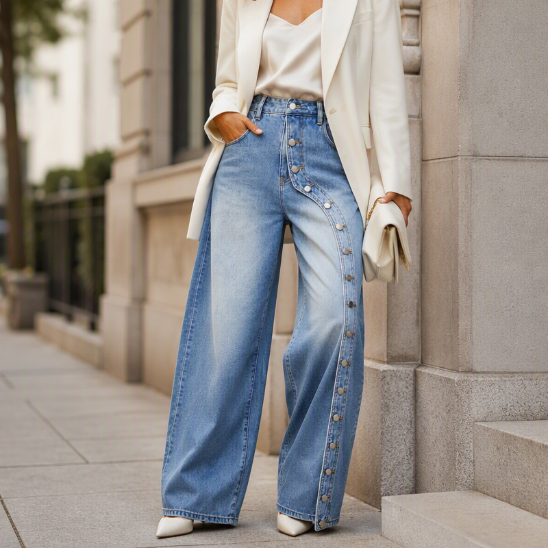 Vivienne blue side-button wide-leg jeans styled with a cream blazer